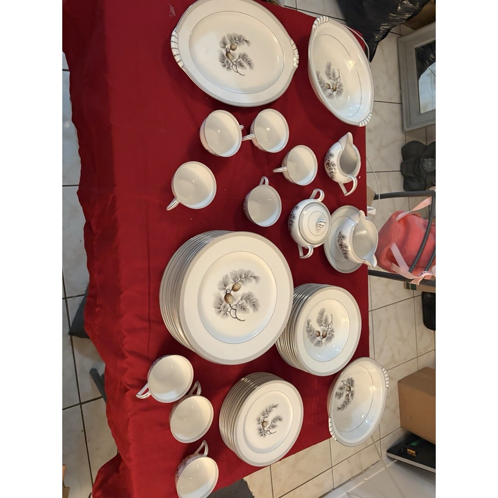 VTG Kent China Silver Pine Fine Porcelain Dinnerware Set 46 Pcs Made In Japan
